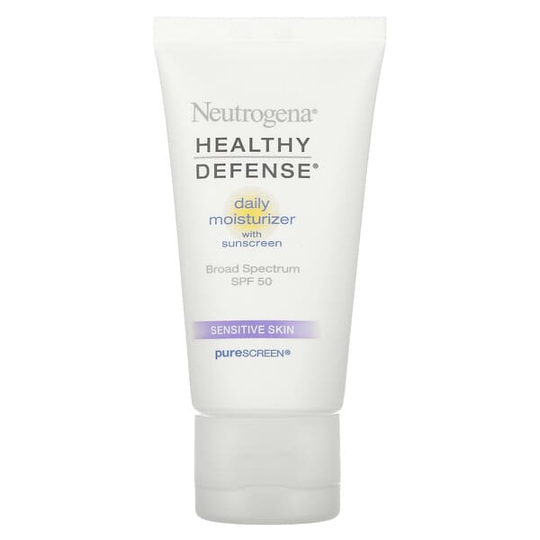 Neutrogena, Healthy Defense（ヘルシーディフェンス）、日焼け止め配合デイリーモイスチャライザー、広域スペクトルSPF数値50、敏感肌用、50ml（1.7液量オンス）