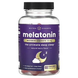 NutraChamps, Melatonin, maximale Stärke, natürliche Beere, 10 mg, 60 vegane Fruchtgummis (5 mg pro Fruchtgummi)