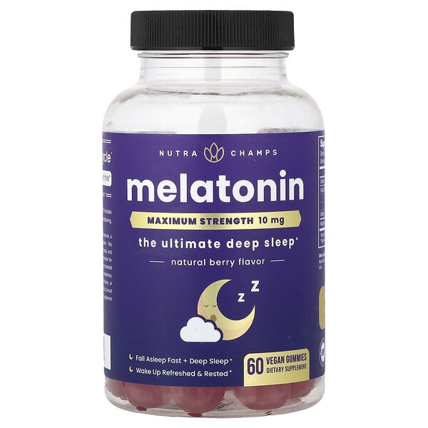 NutraChamps, 멜라토닌, 맥시멈 스트렝스, 천연 베리 맛, 비건 구미젤리 60개(구미젤리 1개당 5mg)