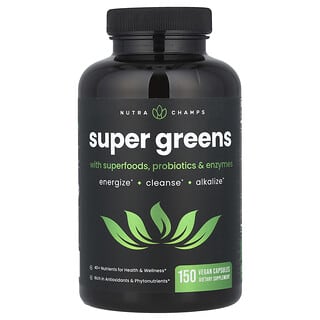 NutraChamps, Super Greens With Superfoods, Probiotics & Enzymes, 150 Vegan Capsules