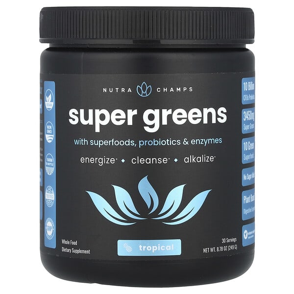 NutraChamps Super Greens, With Superfoods, Probiotics & Enzymes, Tropical, 8.87 oz (249 g)