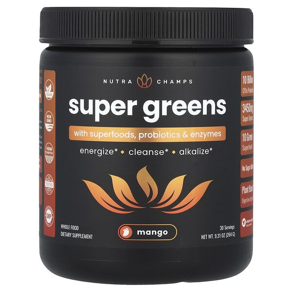 NutraChamps Super Greens, With Superfoods, Probiotics & Enzymes, Mango, 9.31 oz (264 g)