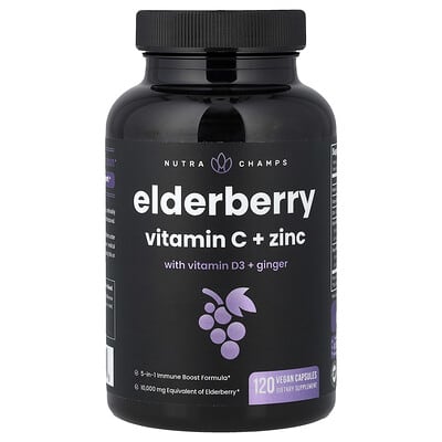 NutraChamps, Elderberry, Vitamin C + Zinc and Vitamin D3 + Ginger, 120 Vegetarian Capsules