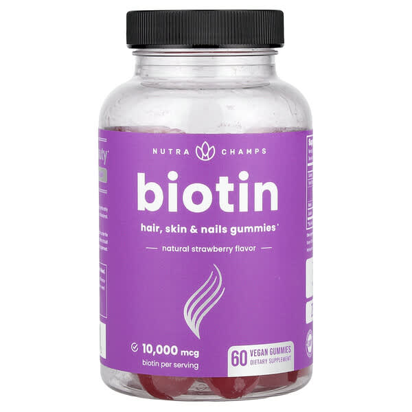 NutraChamps, 비오틴 구미젤리, 천연 딸기 맛, 10,000mcg, 비건 구미젤리 60개(구미젤리 1개당 5,000mcg)