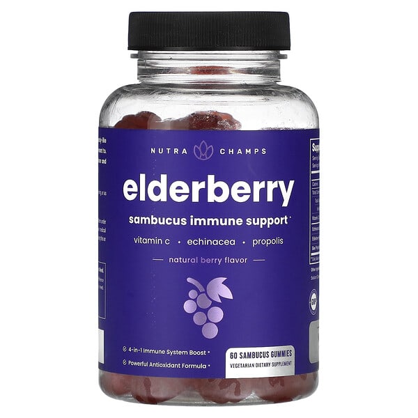 NutraChamps Elderberry, Natural Berry, 60 Sambucus Gummies