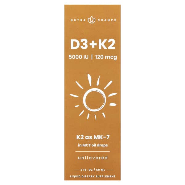 D3 + K2 Liquid Drops, Unflavored, 2 fl oz (60 ml)