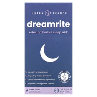 NutraChamps, Dreamrite, Suplemento herbal relajante para dormir, 60 cápsulas vegetales fáciles de ingerir
