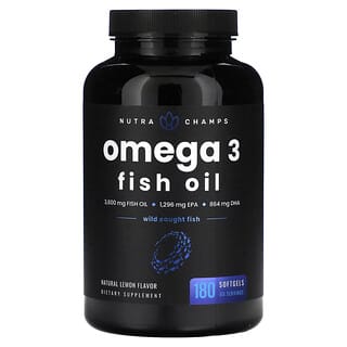 NutraChamps, Olio di pesce con omega 3, limone naturale, 180 capsule molli
