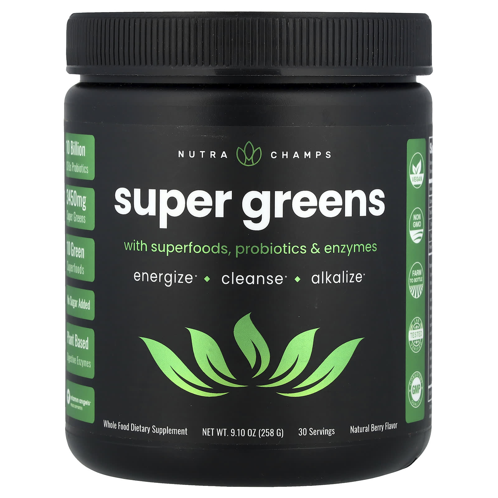 NutraChamps, Super Greens с суперпродуктами, пробиотиками и ферментами, натуральные ягоды, 258 г (9,10 унции)