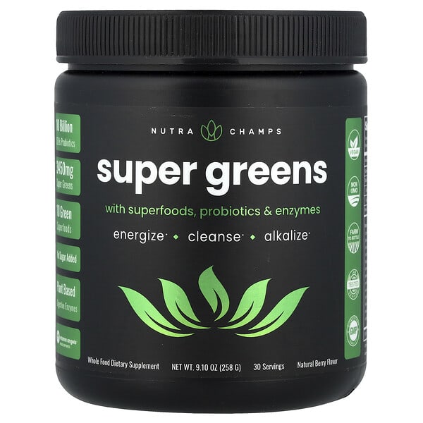 Super Greens With Superfoods, Probiotics & Enzymes, Natural Berry, 9.10 oz (258 g)