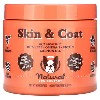 Natural Dog Company, 皮膚＆毛並み、犬用、全年齢対応、サーモン＆エンドウ豆、チュアブルサプリメント90粒、284g（10オンス）