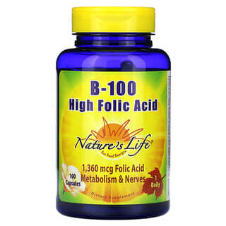 Nature's Life, B-100, Acide folique élevé, 1360 µg, 100 capsules