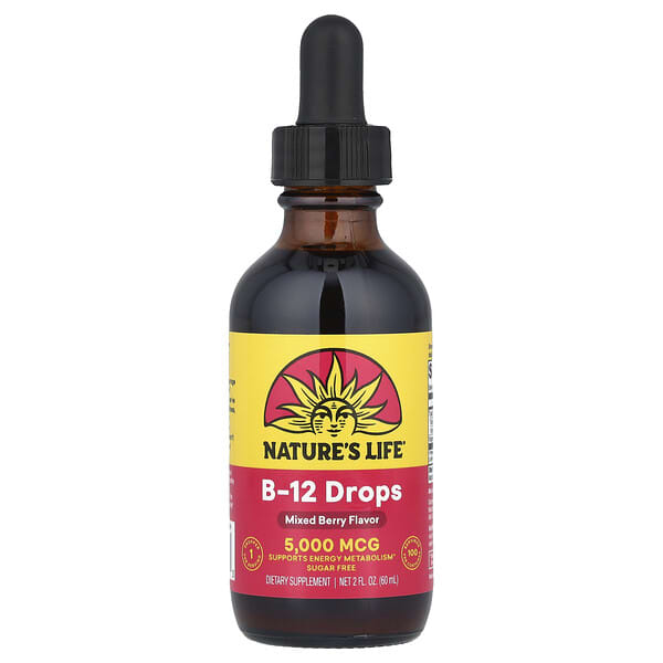 Nature's Life, B-12 드롭스, 무설탕, 믹스 베리 맛, 5,000mcg, 60ml(2fl oz)