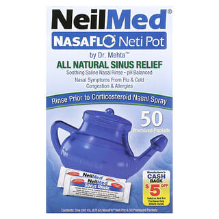 NeilMed, NasaFlo, Neti Pot, 1 flacon et 50 sachets prémélangés