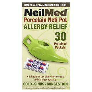 NeilMed, Olla Neti de porcelana, Alivio para las alergias, 1 pote Neti de porcelana, 30 sobres premezclados