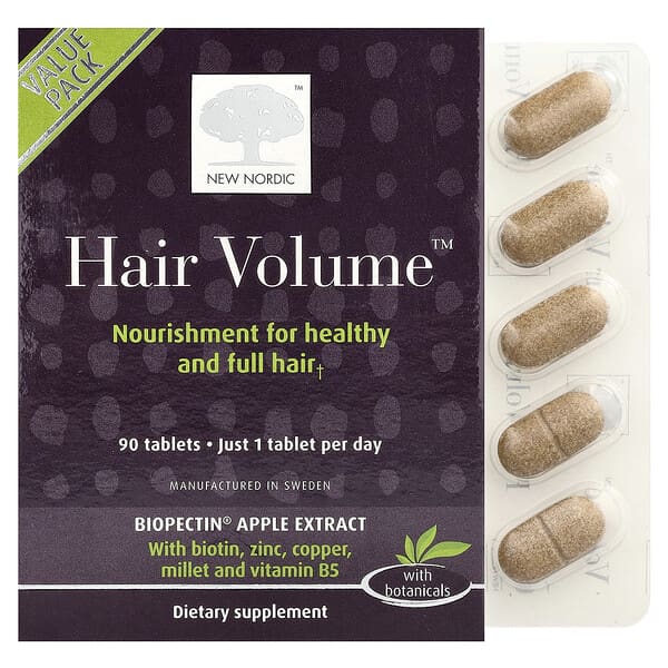 New Nordic, Hair Volume con extracto de manzana Biopectin, 90 comprimidos