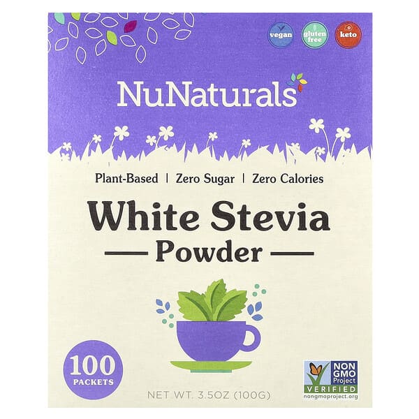 NuNaturals, NuStevia, 백색 스테비아 분말, 100 봉지, 3.5 oz(100 g)