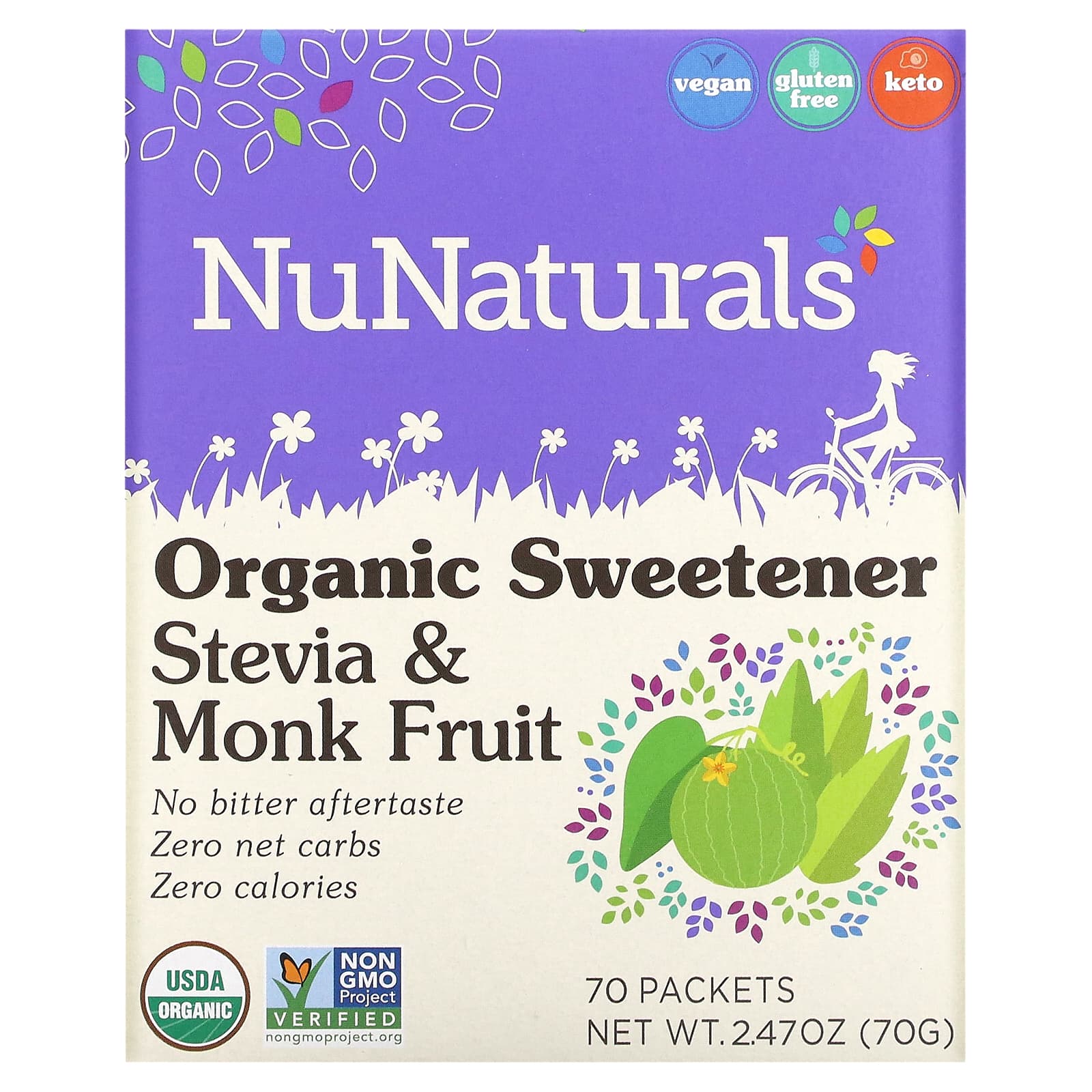 NuNaturals, Organic Sweetener, Stevia and Monk Fruit, 70 Packets, 2.47