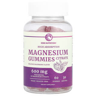 Nobi Nutrition, Gommes au citrate de magnésium, Haute absorption, Framboise, 600 mg, 60 gommes (300 mg par gomme)