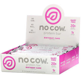 No Cow, Barrita proteica, Pastel de cumpleaños, 12 barritas, 60 g (2,12 oz) cada una