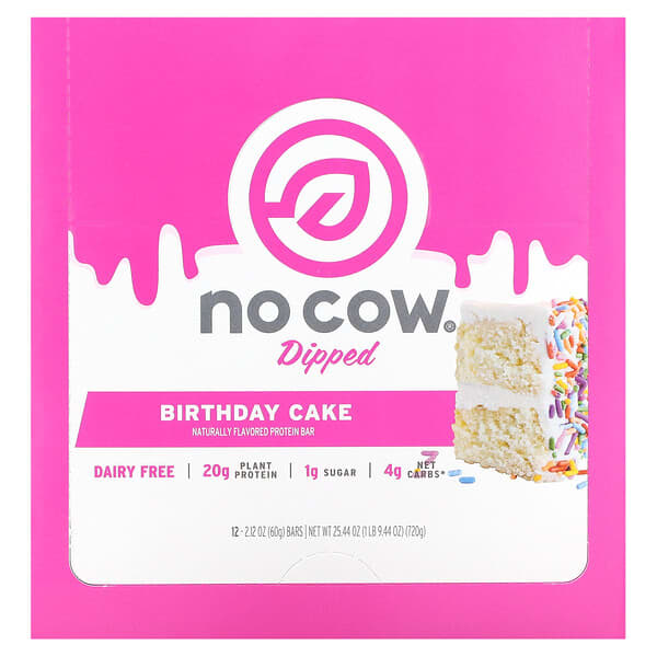 No Cow, ディップドプロテインバー、バースデーケーキ、12本、各60g（2.12オンス）