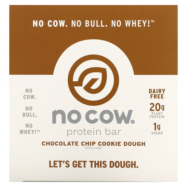 No Cow, プロテインバー、チョコレートチップクッキードウ、12本、各60g（2.12オンス）