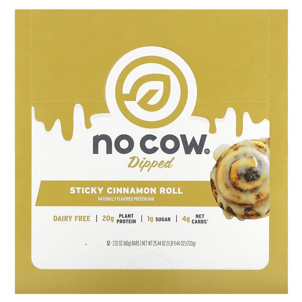 No Cow, プロテインバー、スティッキーシナモンロール、12本、各60g（2.12オンス）