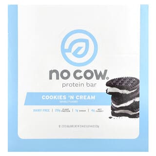 No Cow, Barrita de proteína, Cookies con crema, 12 barritas, 60 g (2,12 oz)