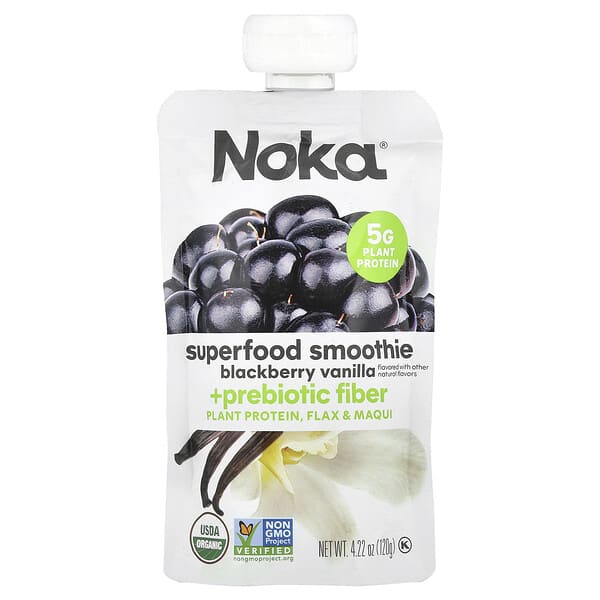 Noka, 슈퍼 푸드 스무디 + 식물성 단백질, 블랙베리, 바닐라, 120g(4.22oz)