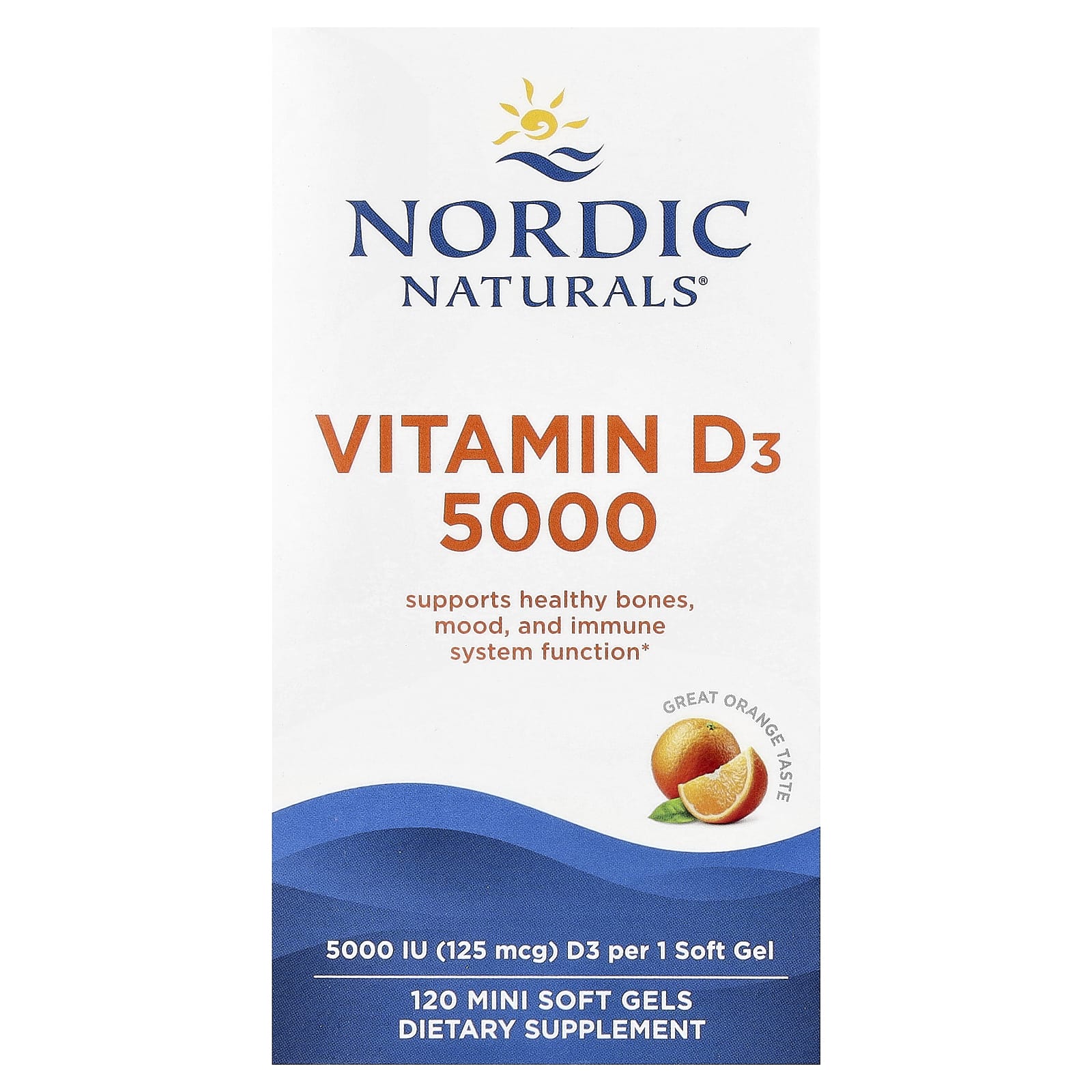 Vitamin D3 5000, Orange, 125 mcg (5,000 IU), 120 Mini Soft Gels