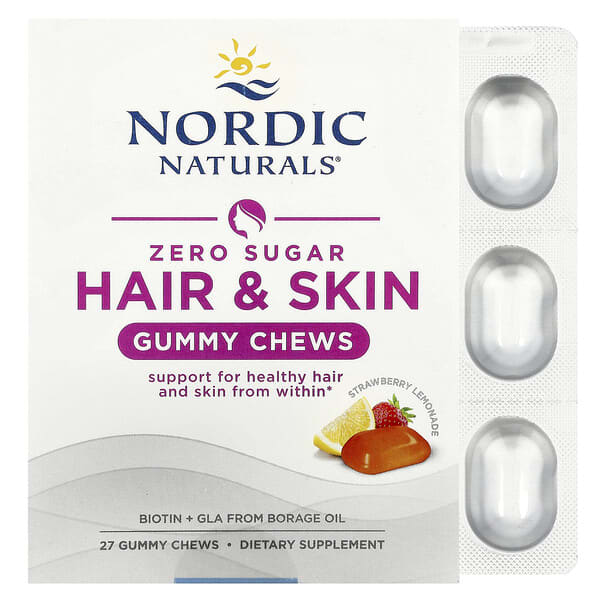 Nordic Naturals Zero Sugar Hair & Skin Gummy Chews, Strawberry Lemonade, 27 Gummy Chews