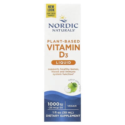 Nordic Naturals, Plant-Based Liquid Vitamin D, Apple Flavor, 25 mcg (1,000 IU), 1 fl oz (30 ml)