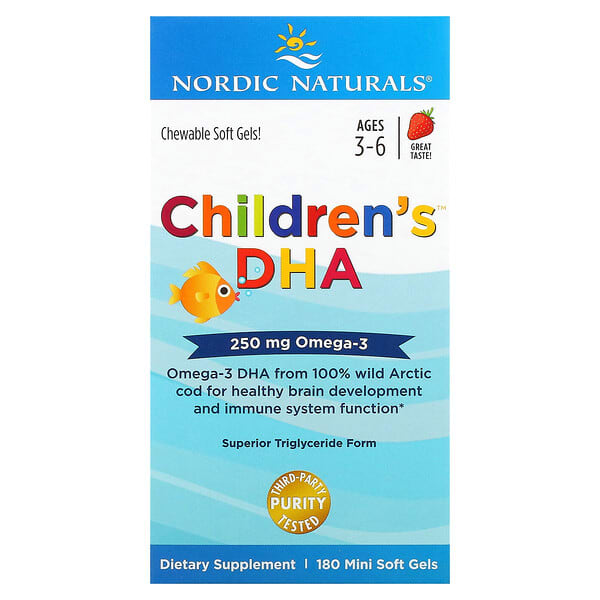 Nordic Naturals, Children's DHA, ДГК для детей, со вкусом клубники, для детей 3–6 лет, 250 мг, 180 мини-капсул