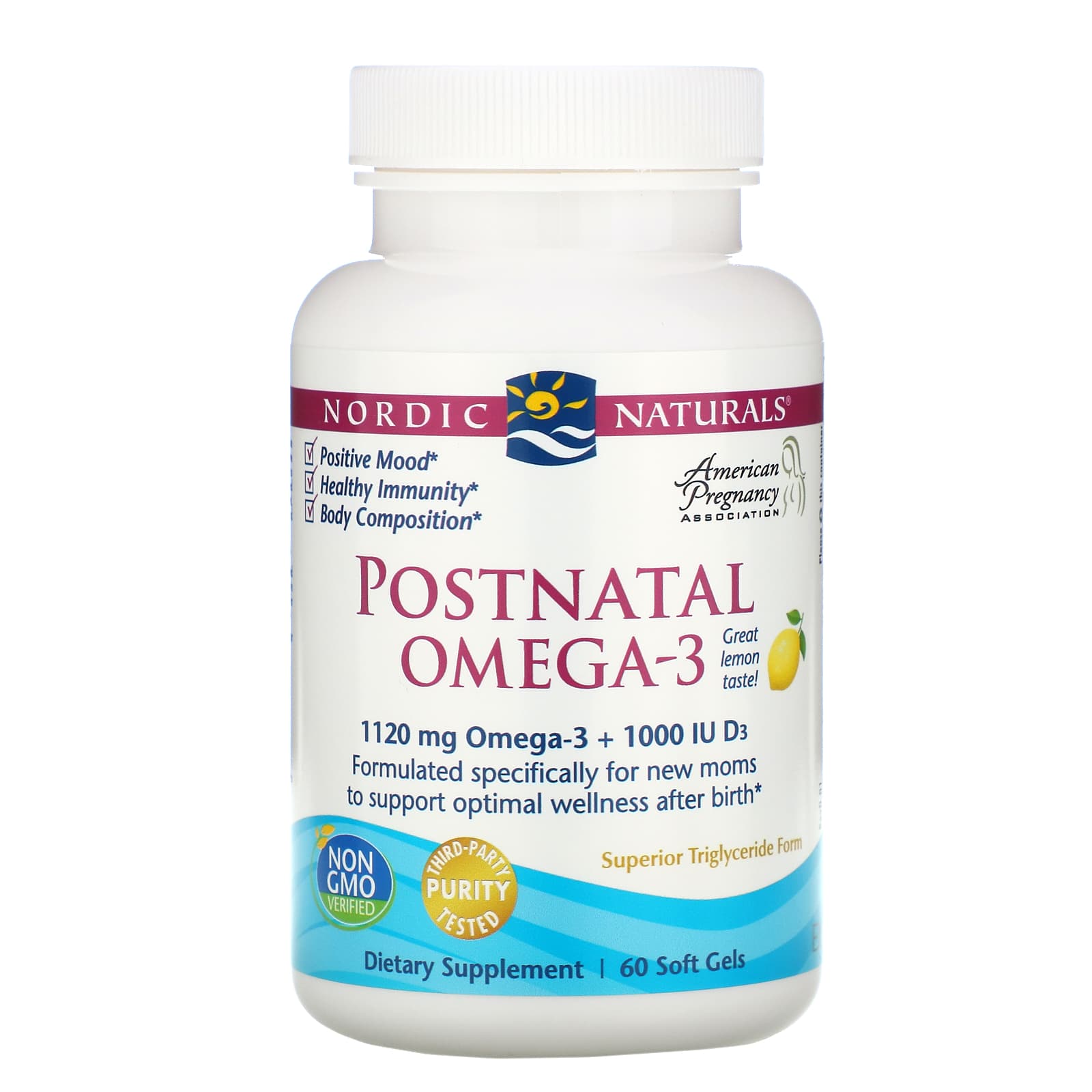 Nordic Naturals, омега-3 для приема после родов, лимон, 560 мг, 60 капсул