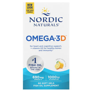 Nordic Naturals, Omega-3D, Limão-Siciliano, 60 Cápsulas Softgel