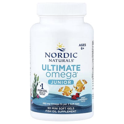 Nordic Naturals, Ultimate Omega Junior, Ages 6+, Strawberry, 90 Mini Soft Gels (340 mg per Soft Gel) Nordic Naturals, Ultimate Omega Junior, Ages 6+, Strawberry, 90 Mini Soft Gels (340 mg per Soft Gel)