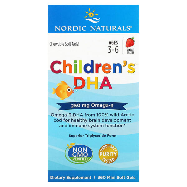 Nordic Naturals, Children's DHA（子ども用DHA）、3～6歳、イチゴ、250mg、ミニソフトジェル360粒