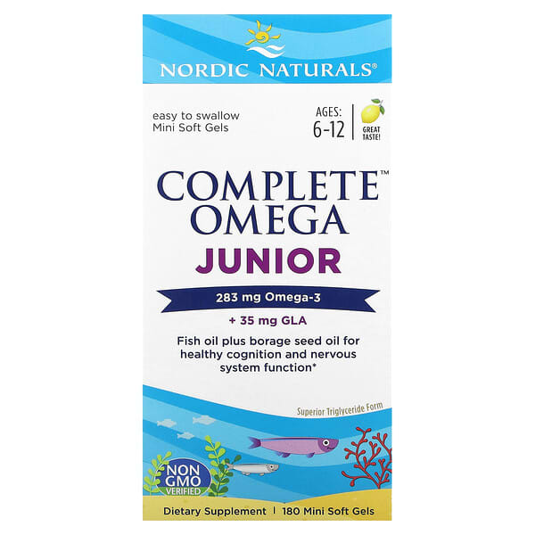 Nordic Naturals, Complete Omega Junior, Limão, De 6 a 12 anos, 180 Mini Cápsulas Softgel