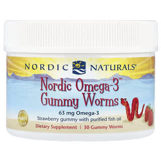 Nordic Naturals, Gomitas en forma de gusanos Nordic Omega-3™, Fresa, 30 gomitas en gusanos