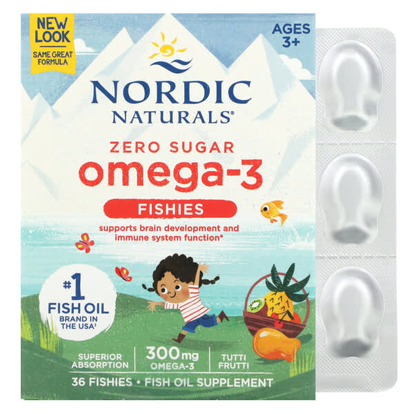 نورديك ناتورالز‏, أسماك أوميغا-3، خالٍ من السكر، للأعمار من 3 سنوات فأكبر، توتي فروتي، 300 ملجم، 36 قطعة على شكل سمكة