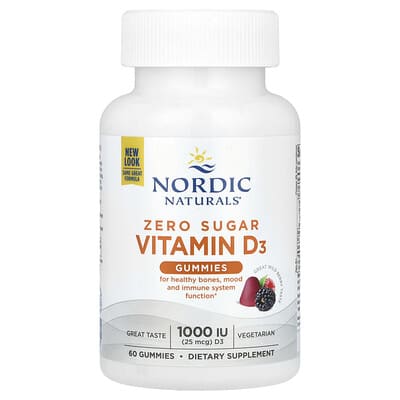 Nordic Naturals, Zero Sugar Vitamin D3 Gummies, Large Wild Berry, 25 mcg (1000 IU), 60 Gummies