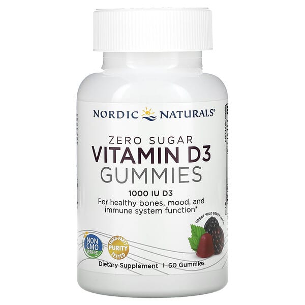 Nordic Naturals, Zero Sugar Vitamin D3 Gummies, Wild Berry, 25 mcg (1,000 IU), 60 Gummies