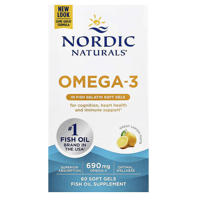 Nordic Naturals, Omega-3, Lemon Flavor, 60 Fish Gelatin Softgels (345 mg per softgel)