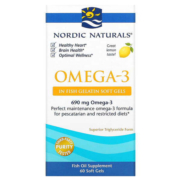 Nordic Naturals, Omega-3, Lemon, 345 mg, 60 Fish Gelatin Soft Gels