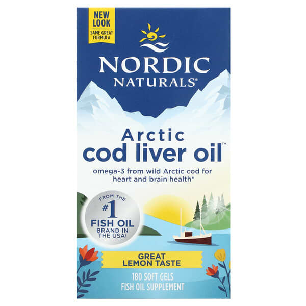 نورديك ناتورالز‏, Arctic Cod Liver Oil، زيت كبد سمك القد القطبي، بنكهة الليمون، 180 كبسولة هلامية
