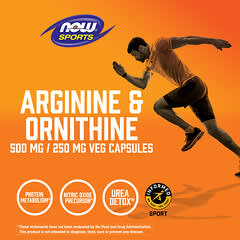 NOW Foods, Esportes, Arginina e Ornitina, 500 mg / 250 mg, 250 Cápsulas Vegetais