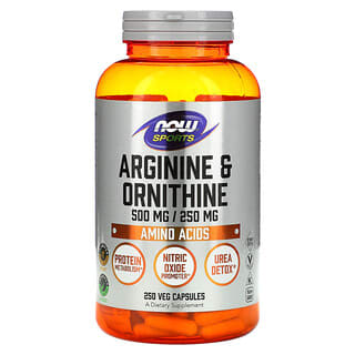 NOW Foods, Esportes, Arginina e Ornitina, 500 mg / 250 mg, 250 Cápsulas Vegetais