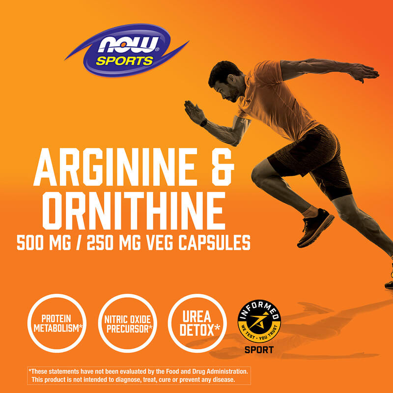 NOW Foods, Sports, Arginin und Ornithin, 500 mg/250 mg, 250 pflanzliche Kapseln