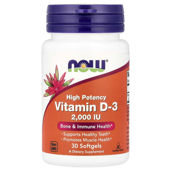 NOW Foods, Vitamin D3 Berkhasiat Tinggi, 50 mcg (2.000 IU), 30 Kapsul Gel Lunak