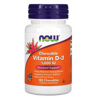 NOW Foods, Vitamina D3 masticable, Sabor natural a frutas, 1000 UI, 180 comprimidos masticables
